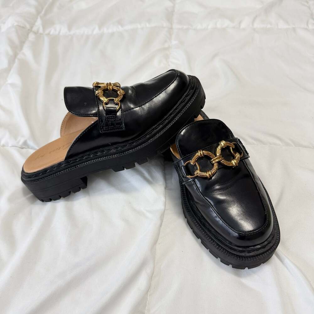 Circus NY Black Gold Chain Lug Sole Mule Loafers Size 7